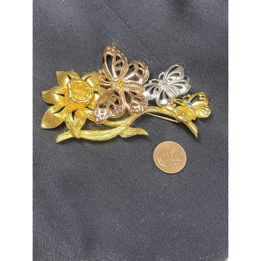 Large Vintage Tri Tone Daffodil Butterflies Brooch Gold Silver Rose 4 Inch Pin